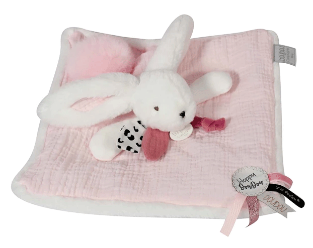 Doudou Lapin Happy Glossy Rose – Cadeau de naissance