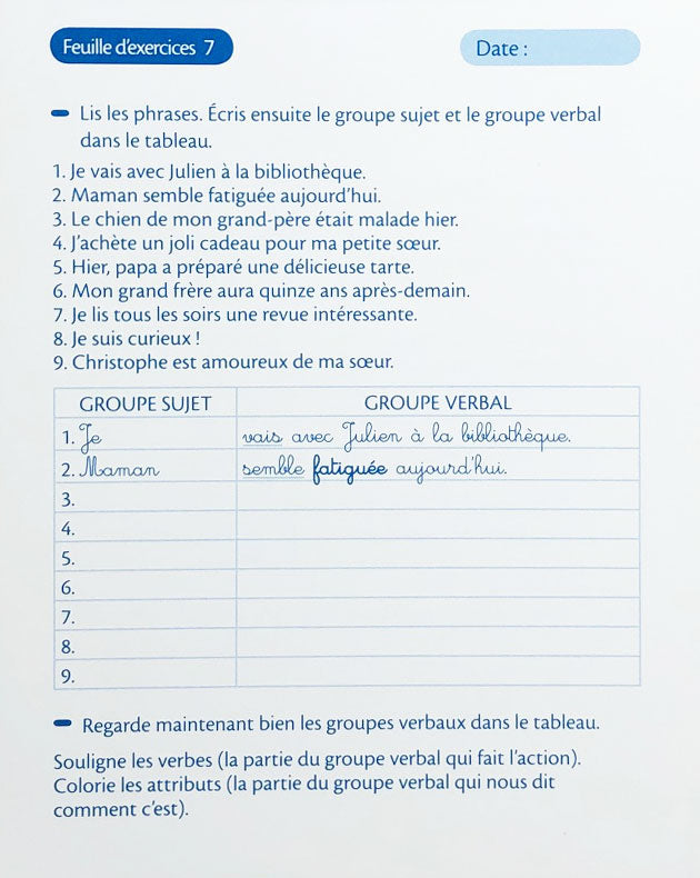 10 -11 ans - La phrase et grammaire - 7P-8P harmos. Appuis scolaires OLF