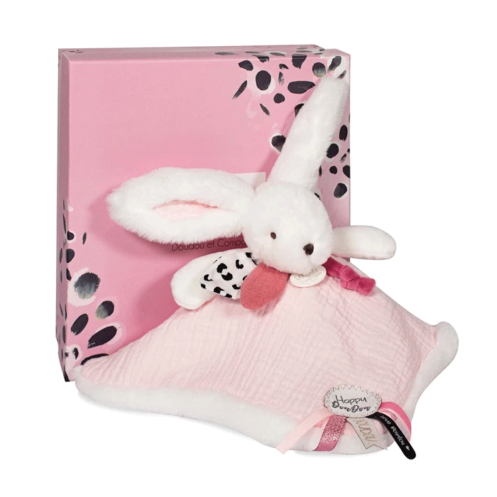 Doudou Lapin Happy Glossy Rose – Cadeau de naissance